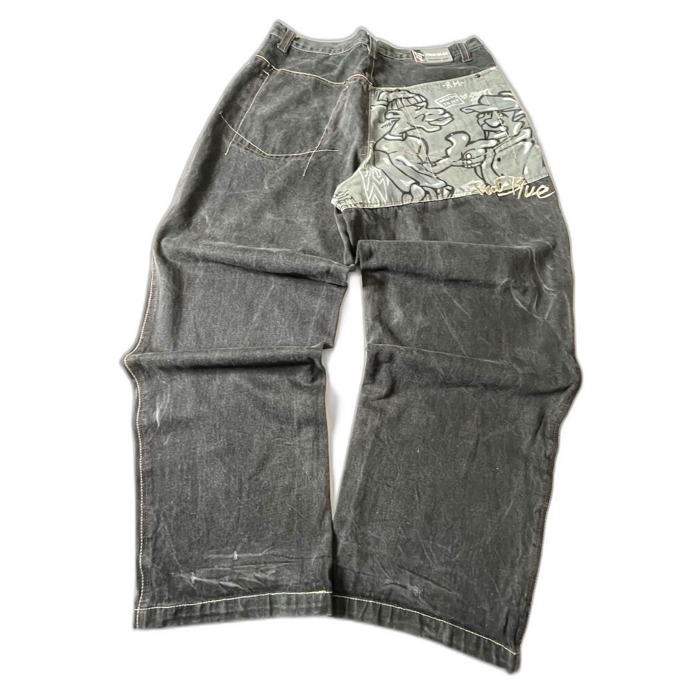Raw Blue 90s Vintage Baggy Wide Leg Sick Embroidered 40x32 Jeans